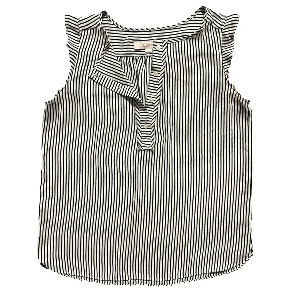 LOFT by Ann Taylor half button down ruffled sleeveless navy & white blouse